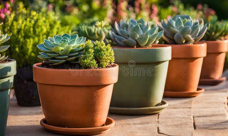 En rad terracotta-blomkrukor som skapar ett urval av färgblommor som fångas med ett ytligt djup royaltyfri illustrationer