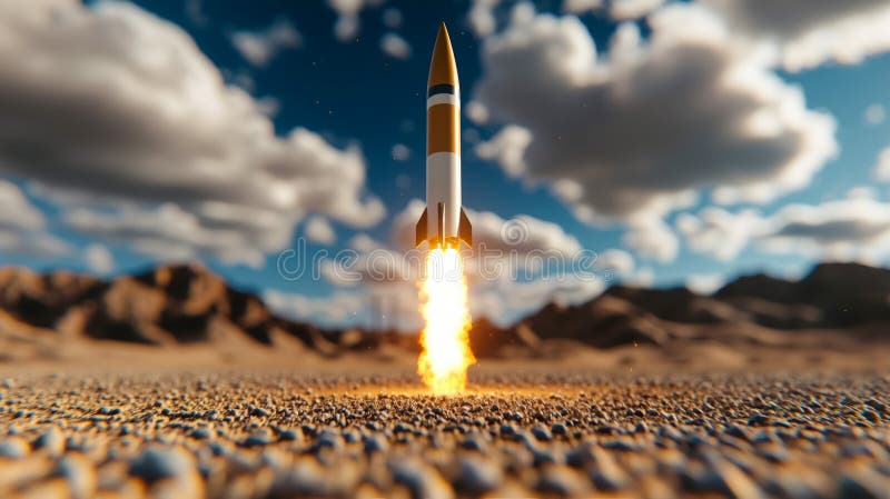 En raketuppskjutning i himlen med ett grumligt skum i bakgrunden arkivbilder