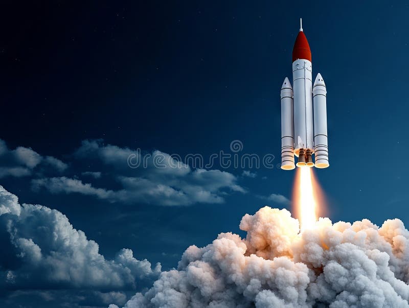 En raketuppskjutning in i himlen med rök som kommer ut ur den royaltyfria foton
