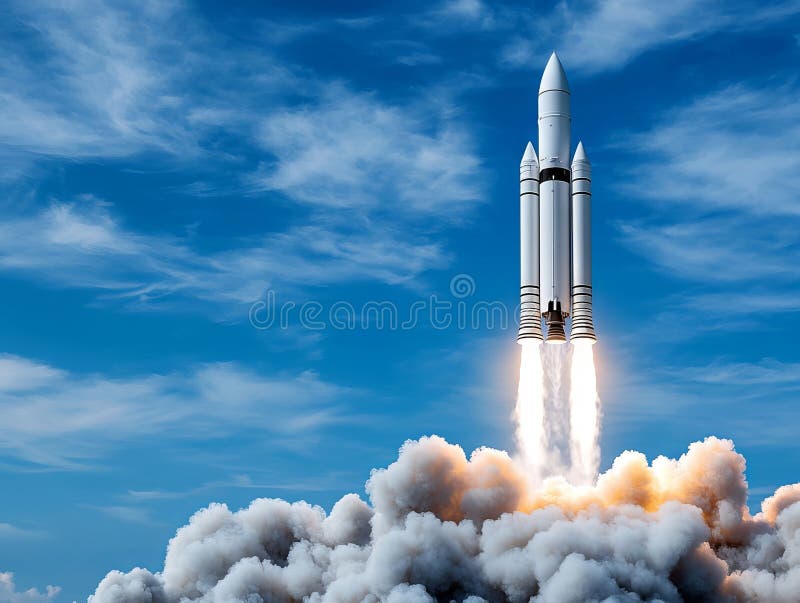 En raketuppskjutning in i himlen med rök som kommer ut ur den arkivbild