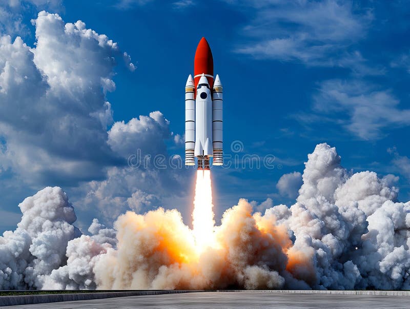 En raketuppskjutning in i himlen med rök som kommer ut ur den arkivbilder