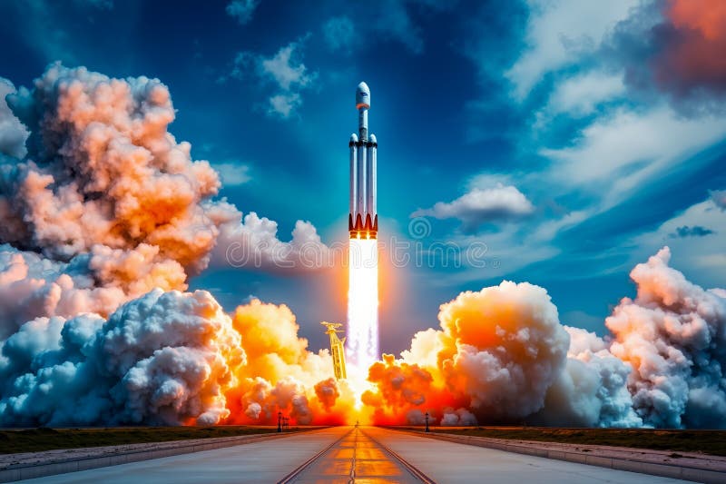 En raketuppskjutning in i himlen med rök som kommer ut ur den royaltyfria foton