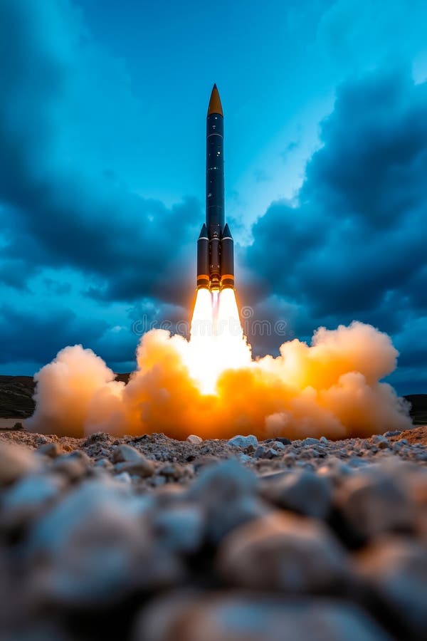 En raketuppskjutning in i himlen med rök som kommer ut ur den royaltyfria foton