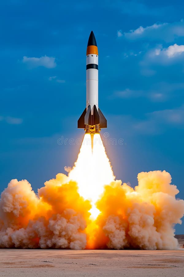 En raketuppskjutning in i himlen med rök som kommer ut ur den royaltyfri fotografi