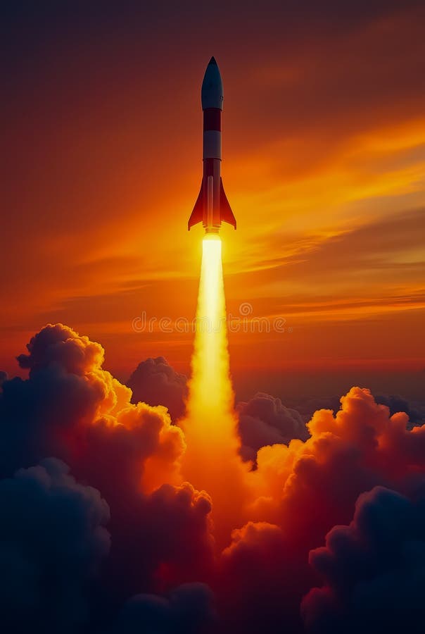 En raketuppskjutning in i himlen vid solnedgången royaltyfri bild
