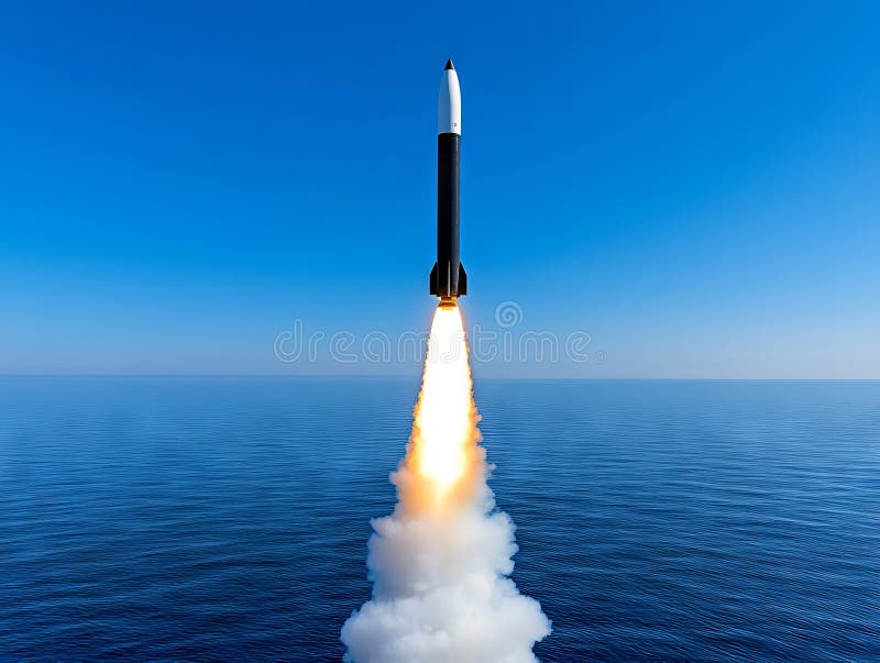 En raketuppskjutning i himlen över havet royaltyfri foto