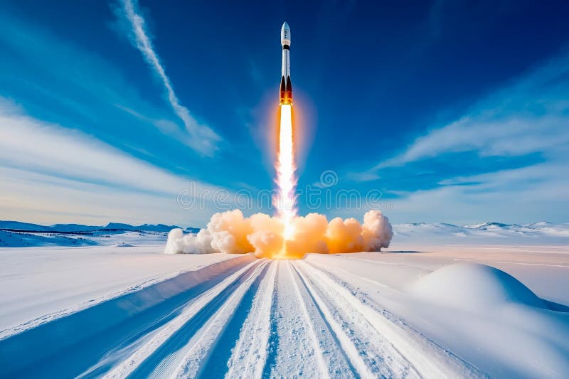 En raketuppskjutning i skyn över ett snölandskap royaltyfria bilder