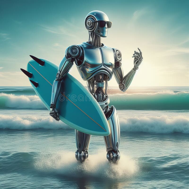 En robot med ett överbord i havet royaltyfri illustrationer