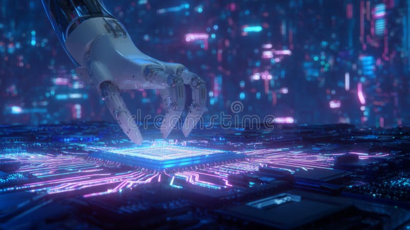 En robotarm som monterar mikrochips på en konvektor för ett glidkretskort. Generativ AI