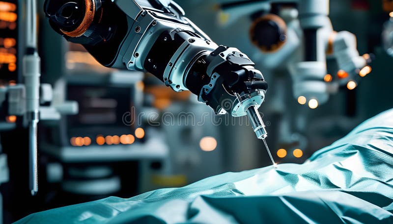 En robotarm visas när den är i drift. En metallisk robotarm som segmenteras och ledas är aktivt i rörelse. Dess fogar böjs och roteras med beräknad precision som anger att en uppgift utförs. Vapenstrukturen är tydligt synlig med ledningar och manöverdon som förbinder de olika delarna. Den fungerar i ett odefinierat utrymme som fokuserar mer uppmärksamhet på dess mekaniska åtgärd. Scenen framhäver vapenfunktionaliteten och skickligheten när den utför sina programmerade rörelser.