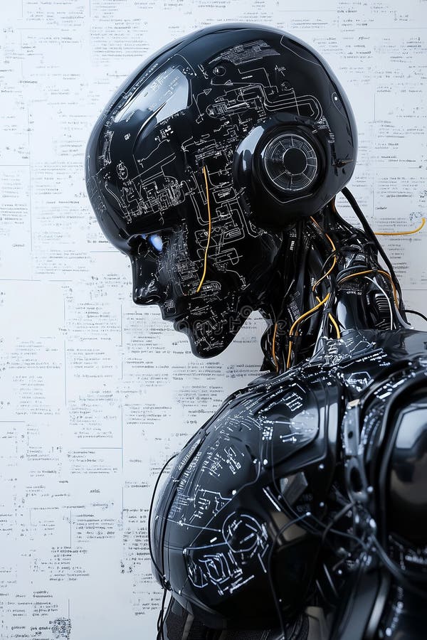 En robotfigur som är invecklad och konstruerad visar avancerade kretsar som är inställda mot tekniska anteckningar royaltyfri fotografi