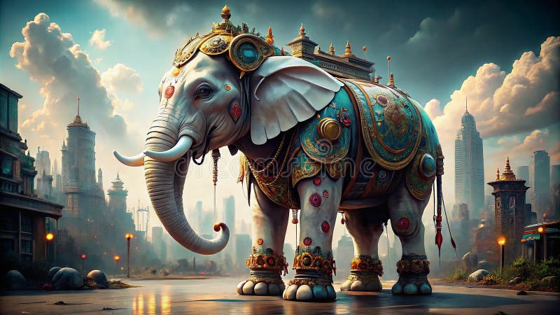 En robotisk elefant utforskar den konkreta jungle Futuristic Urban Exploration Photography AIGenerated Art vektor illustrationer