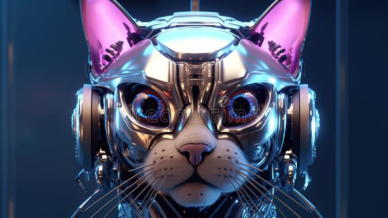 En robotkatt eller en cyborg-kattunge med hörlurar lyssnar på musik. nära porträtt av ett flytdjur i ett modernt format. vektor illustrationer