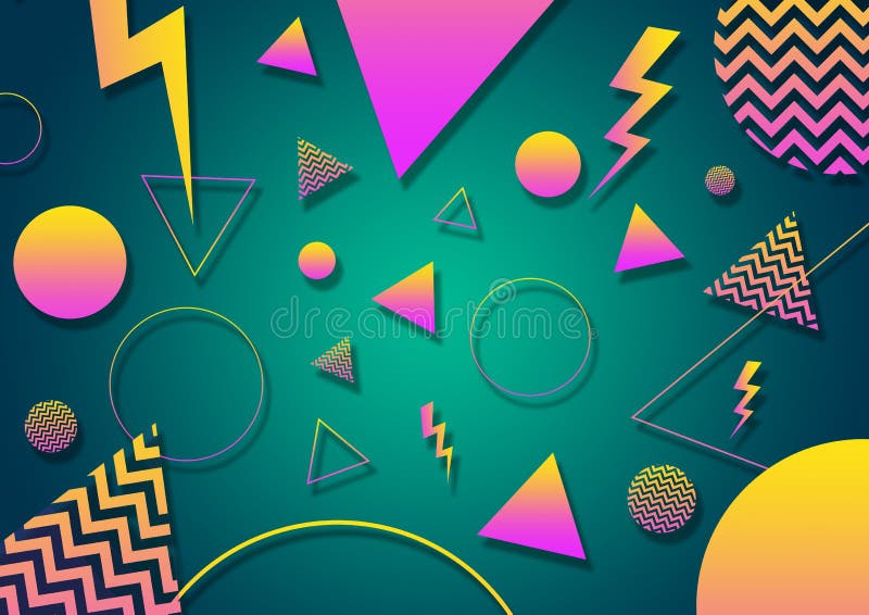 En rosa och gul återcirkulationsformad 90s-stilmodell, slumpmässiga geometriska former med vibrerande nyonfärgspalett på en radiel stock illustrationer