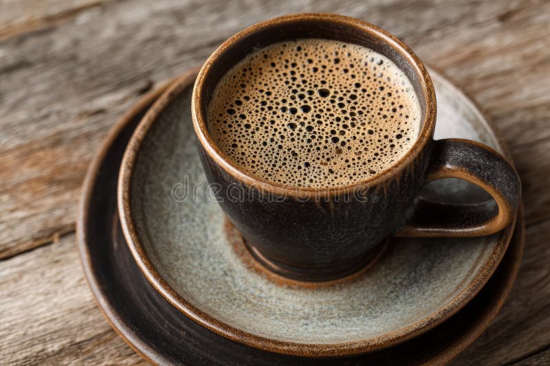 En Rustic Ceramic Mug of Coffee på en träbordsyta. fotografering för bildbyråer