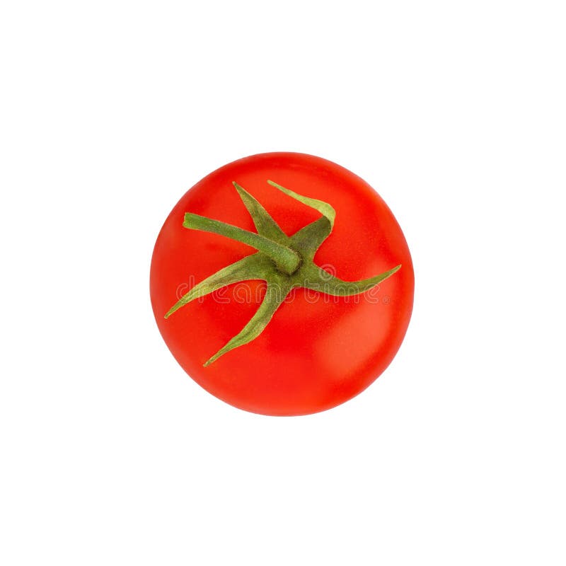 En röd mogen tomat med gröna sidor och stammen på vit bakgrund isolerat slut upp, bästa sikt för enkel härlig hel tomat arkivbilder En röd mogen tomat med gröna sidor och stammen på vit bakgrund isolerat slut upp, bästa sikt för enkel härlig hel tomat arkivbilder