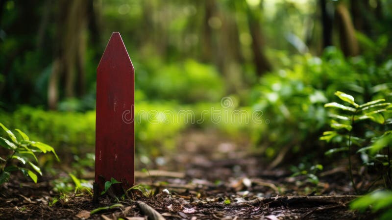 En röd post mitt i en skog med gröna träd. En röd post mitt i en skog med grönt trädstöd som genererats