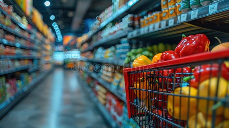 En röd shoppingvagn fylld med färska äpplen ses i en snabbköp Aisle