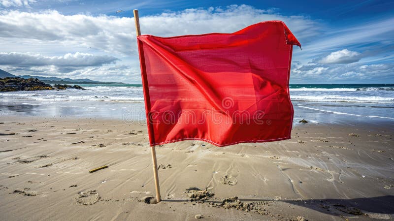 a red warning flag fluttering on the beach, with waves crashing in the background, providing a stark reminder of ocean safety amidst the vast expanse of water, with ample copy space for text. AI generated. a red warning flag fluttering on the beach, with waves crashing in the background, providing a stark reminder of ocean safety amidst the vast expanse of water, with ample copy space for text. AI generated