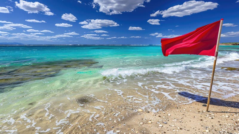 a red warning flag fluttering on the beach, with waves crashing in the background, providing a stark reminder of ocean safety amidst the vast expanse of water, with ample copy space for text. AI generated. a red warning flag fluttering on the beach, with waves crashing in the background, providing a stark reminder of ocean safety amidst the vast expanse of water, with ample copy space for text. AI generated