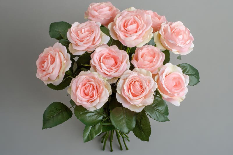 En sammansättning av blommor för valentindygn omgiven av en ram av rosa rosor på grå bakgrund. övervy arkivbilder