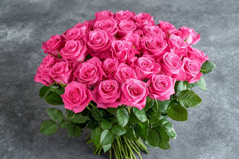 En sammansättning av blommor för valentindygn omgiven av en ram av rosa rosor på grå baksida. plana lägg överst royaltyfri foto