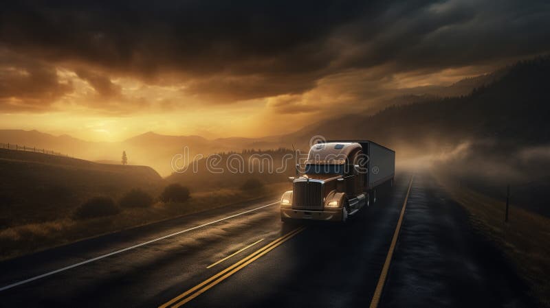 En semitruck på en öppen väg med dimma i en guldkvällsglöd stock illustrationer