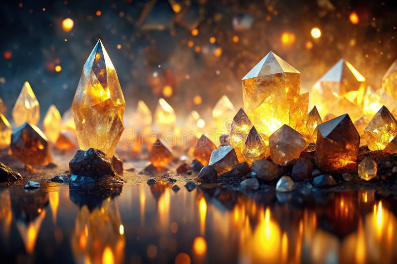 En serene citrine Crystal Landscape Glowing Reflection and Sparkling Shards for a Dreamy Mystical Background vektor illustrationer