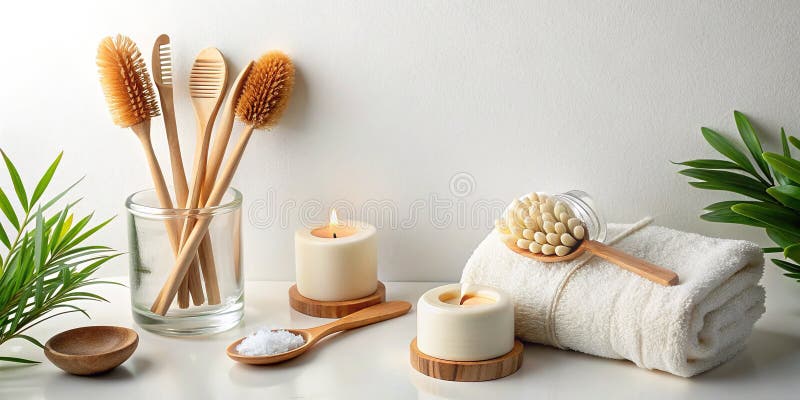 En Serene-stilfull minimalistisk Bathroom EcoFriendly Towels Troden Brushes och ett relaxljus med en plan lay-utformning royaltyfri illustrationer