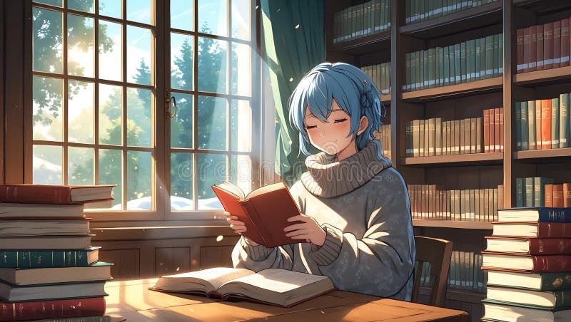 En serene vintermorgon en flicka med blått hår läser fredligt i ett solbelyst bibliotek omgivet av böcker nära ett fönster vektor illustrationer
