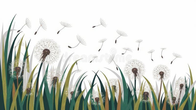 En serenillustration av de dandelioner som blåser i vinden omgivna av lush-gröngräs. stock illustrationer