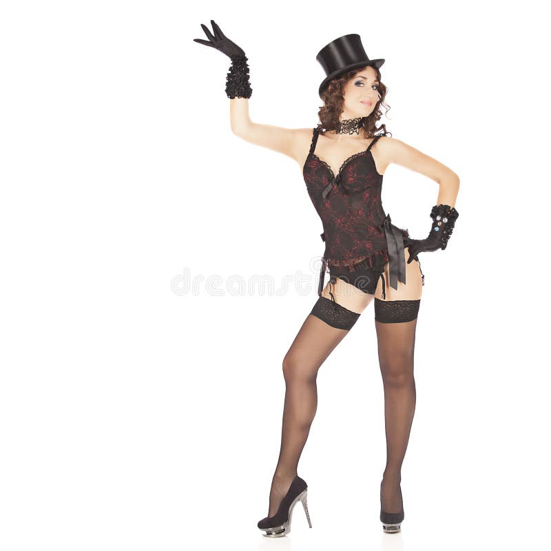 One burlesque dancer woman stripper showgirl in studio isolated on white background. One burlesque dancer woman stripper showgirl in studio isolated on white background.