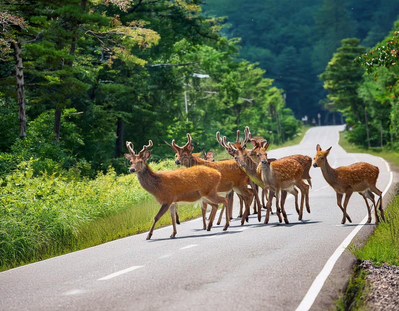 En sika deer Cervus nippon som korsar vägen i greenery royaltyfri illustrationer