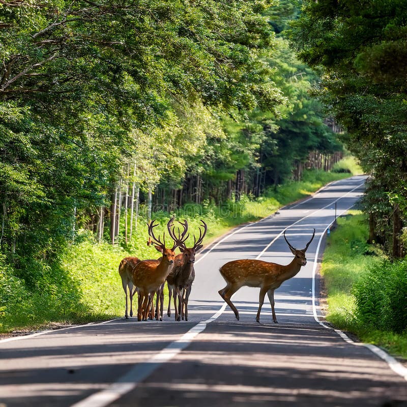 En sika deer Cervus nippon som korsar vägen i greenery vektor illustrationer