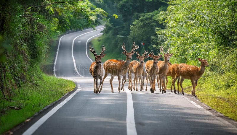 En sika deer Cervus nippon som korsar vägen i greenery vektor illustrationer