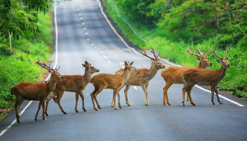 En sika deer Cervus nippon som korsar vägen i greenery royaltyfri illustrationer