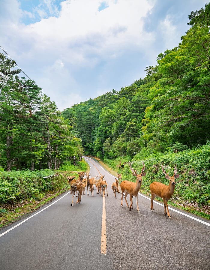 En sika deer Cervus nippon som korsar vägen i greenery vektor illustrationer