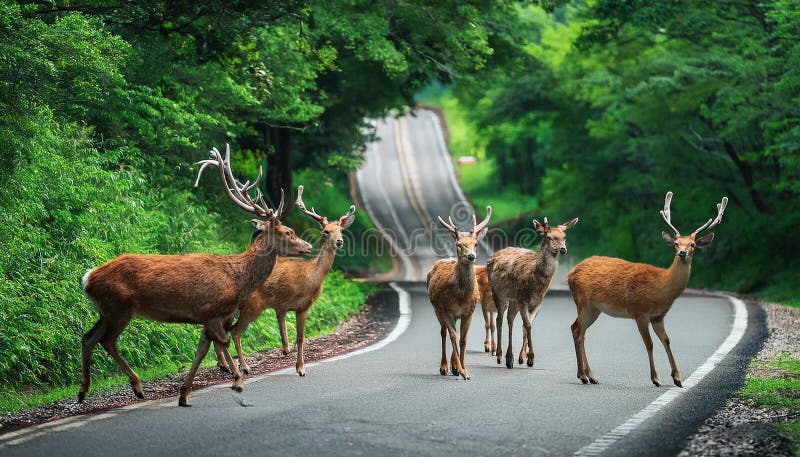 En sika deer Cervus nippon som korsar vägen i greenery vektor illustrationer