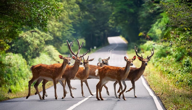 En sika deer Cervus nippon som korsar vägen i greenery vektor illustrationer