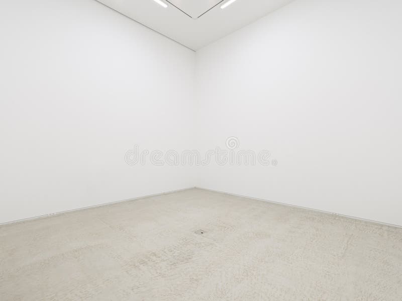 En sikt av en vit målad inre av ett tomt rum eller en konstgalleri med en fluorescerande belysning och konkreta golv arkivbilder En sikt av en vit målad inre av ett tomt rum eller en konstgalleri med en fluorescerande belysning och konkreta golv arkivbilder