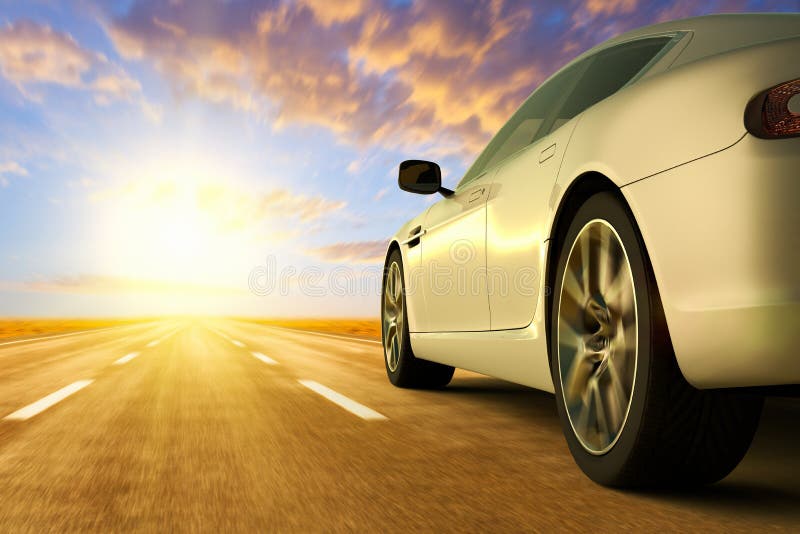 En sikt för låg vinkel av bilen på rörelse på vägen stock illustrationer