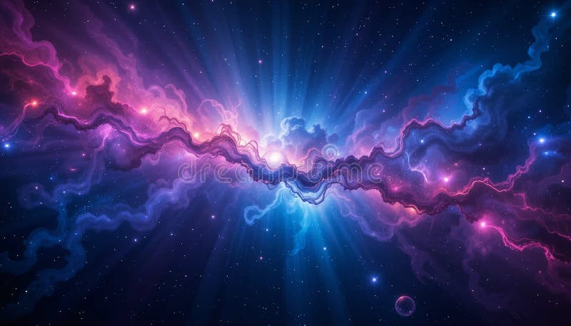 En sjudande kosmisk scen med en ljus glödande nebuli med snurrande moln in royaltyfri illustrationer