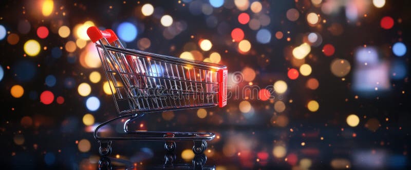 En sjudande svart datorupplevelse online visar en shoppingvagn med färgstarka lampor som representerar royaltyfri fotografi