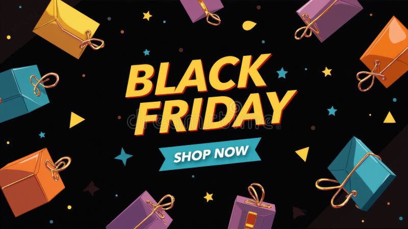En sjudande svart fridagskampanj visar en festlig bakgrund fylld med färgfyllda presentlådor som uppmuntrar shoppare till arkivfoton