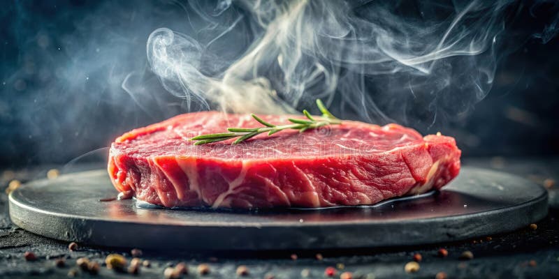 En självhäftande steaming-köttstek vilar på en mörk stensabb som är klädd med en sprig rosemary klar för en utsökt kulinär stock illustrationer