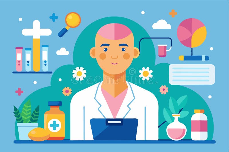 En skräddarsydd illustration visar en onkologisk patient omgiven av medicinska verktyg och en vårdatmosfärisk onkologisk patient vektor illustrationer