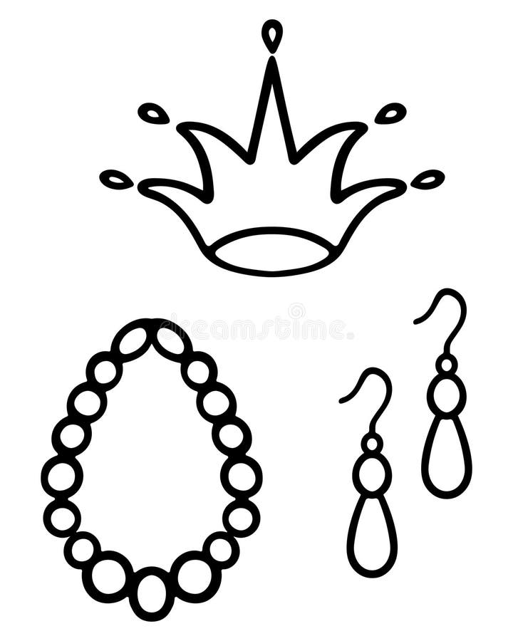 En skuggande krona ett par långsträckta örringar av pärlor och halsband av pärlor royaltyfri illustrationer