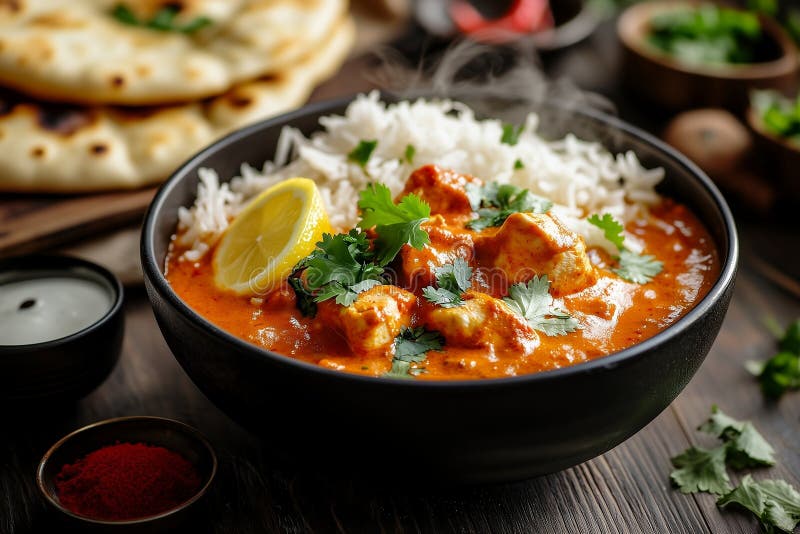 En skål från Chicken Tikka Masala med basmati-ris royaltyfri illustrationer
