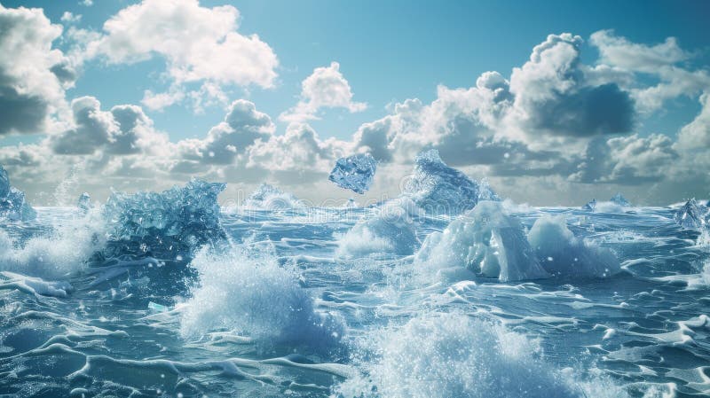 En slående bild av smältande glaciärer som kollapsar i havet och som understryker den akuta klimatkrisens effekter stock illustrationer