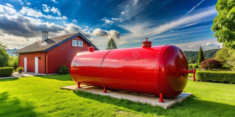 En slående panoramisk bild av en nyligen målad röd värmeoljetank (Red Home Heating Oil Tank) - en detaljerad utblick royaltyfri illustrationer